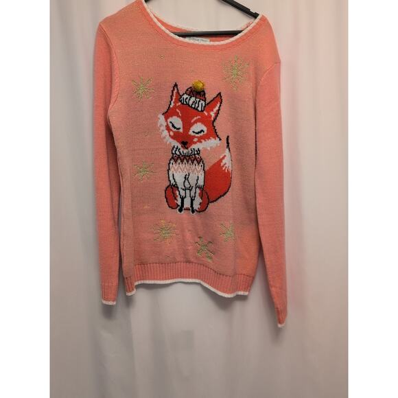 Holiday Hype L pink fox in argyle sparkle thread holiday sweater super cute! - Picture 2 of 6